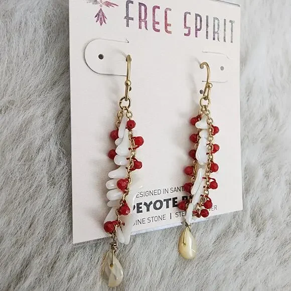 NEW Peyote Bird Free Spirit Gold Chain Red Spiral Earrings with Shell Accents - Picture 7 of 8